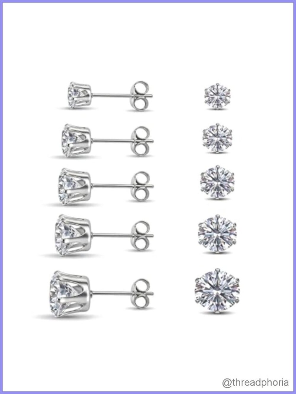 316L Stainless Steel Cubic Zirconia Stud Earrings Set Hypoallergenic